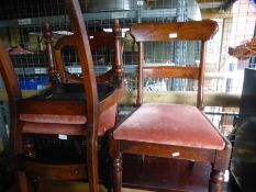 Three Victorian dining chairs, a nursing chair and two garden chairs