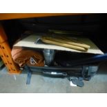 A suitcase containing pair of pewter vases, silver plated model horse, curtains, cased cutlery , pic