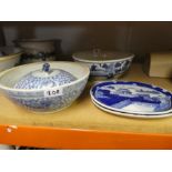 A Chinese blue and white bowl, two small platters and other items