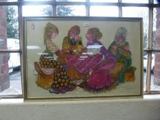 Three oval wall mirrors and a watercolour of four ladies, signed and dated 1975