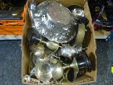 A carton of silver plated items