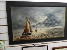 An oil on board of three boats in seascape, signed Cyril Osborne 75 x 44.5 cms