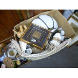 Two boxes of sundry including lamps, china and sea charts