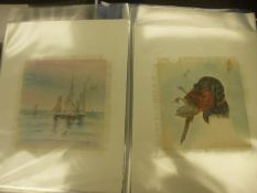 A folder of paintings on silk of birds, dogs and ships, some initialed