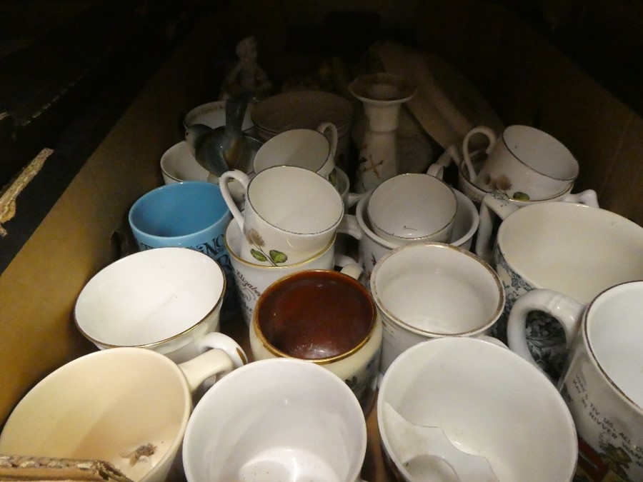 Two cartons of mugs and similar, and a wicker basket with contents - Image 3 of 3