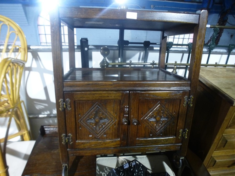 A reproduction oak telephone seat, a similar tea trolley, a stool - Image 3 of 5