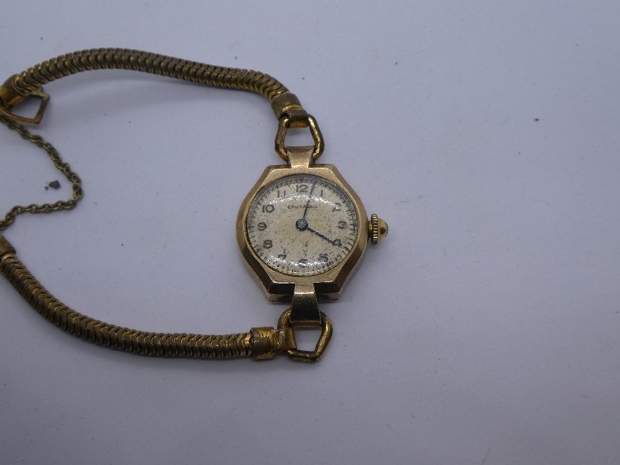Vintage 9ct yellow gold cased 'Crusader' wristwatch, marks worn, on rolled gold strap, AF - Image 4 of 5