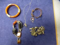 Small box of costume jewellery to incl. amber coloured bangle, silver charm bracelet, pretty hardsto