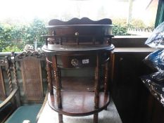 Wooden coffee table, plus 2 wood storage units, and a wine table and two mahogany semi-circular tabl