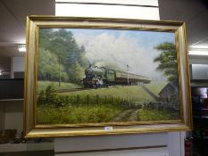 An Oil of a steam train with figures below signed