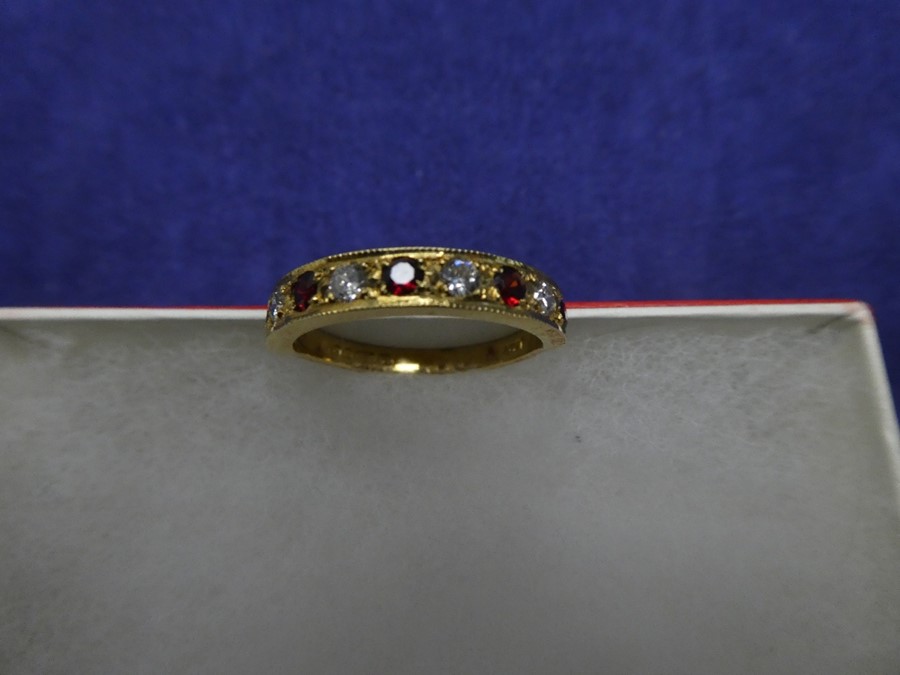 18ct yellow gold dress ring set with garnets and diamonds, size M, 2.6g, marked 750 - Image 3 of 3