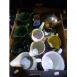 Box of ceramic jugs, silver plated teapot etc. and box of glassware to incl. claret, decanter etc..