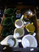 Box of ceramic jugs, silver plated teapot etc. and box of glassware to incl. claret, decanter etc..