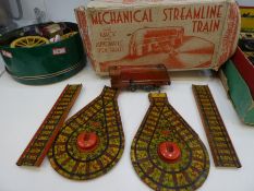 A collection of vintage farm animals, A boxed tin plate train set and A vintage train