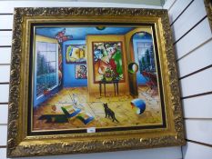 Alexandar Astahov, a modern oil on canvas, of surrealistic interior with butterfly, signed, 61.5 x 5