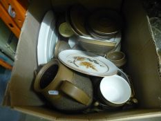 Box of Denby pottery to include, salt and peppers, jugs, plates and teapots