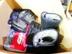 A box of motorcycling clothing and similar including two pairs of size 9 boots and a pair of armoure