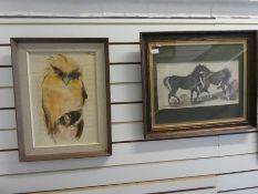 A watercolour of African fish owl by Klaus Meyer-Gasters and an unsigned watercolour of two horses