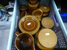 A carton of Hornsea brown glaze tableware of 1970's design