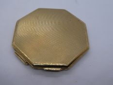 Vintage octagonal 9ct yellow gold ladies compact with machine decoration, marked 375, inscribed 'To