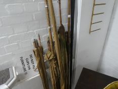 A Joe Davis vintage snooker cue, two Allcock three piece split cane fishing rods and others.