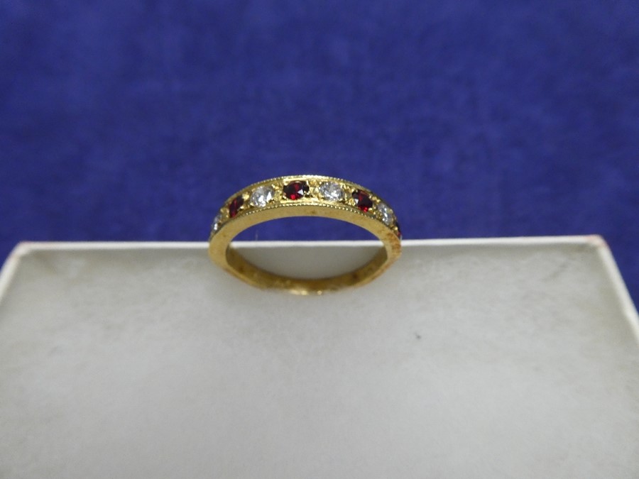 18ct yellow gold dress ring set with garnets and diamonds, size M, 2.6g, marked 750 - Image 2 of 3