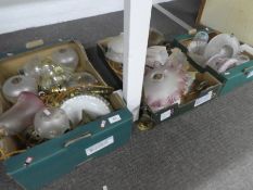 Three trays of old lighting to include vaseline glass shades, four rise and fall lights and others