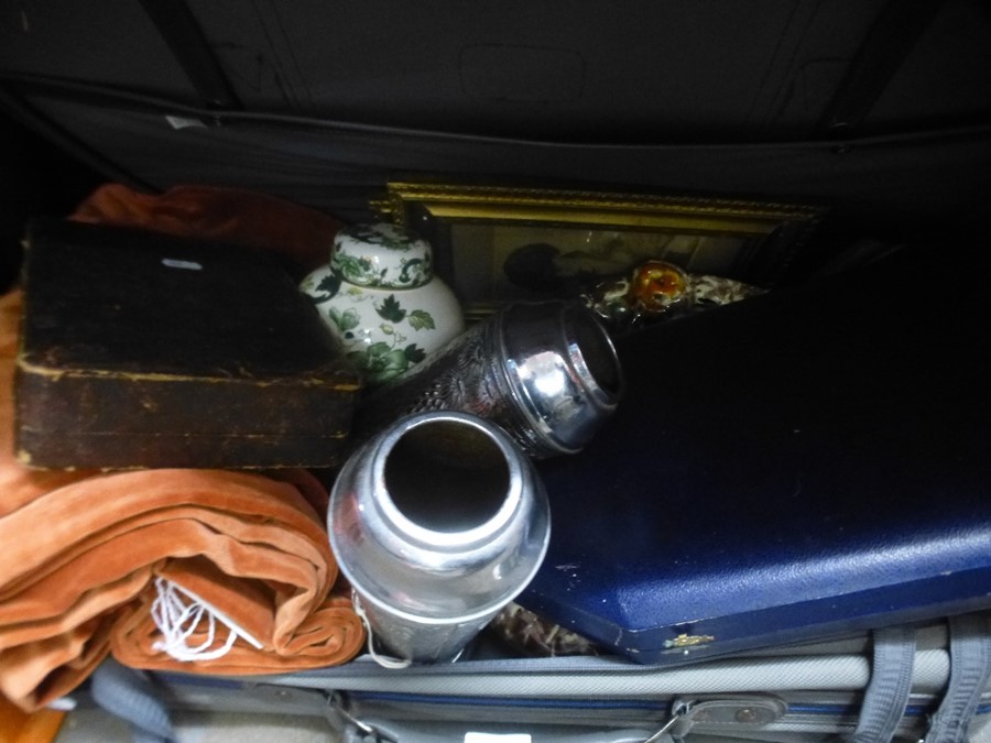 A suitcase containing pair of pewter vases, silver plated model horse, curtains, cased cutlery , pic - Image 2 of 2