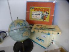 A toy washing machine a kay peep-scope , Chad valley globe and one other item