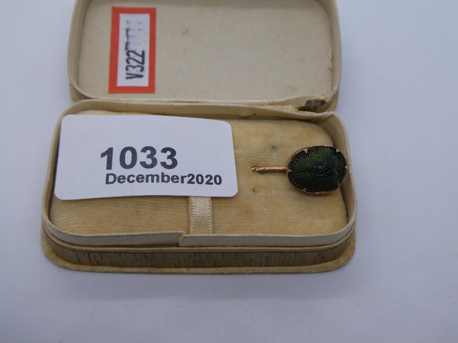 Antique stick pin set with a real Scarab beetle, mounted in possibly 14ct gold mount in antique Lloy - Image 4 of 4