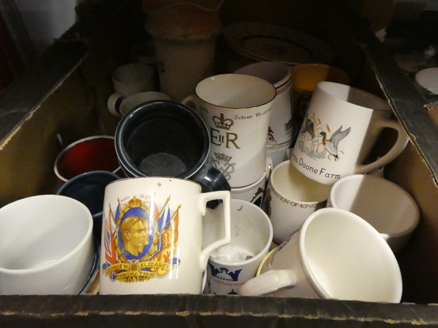 Two cartons of mugs and similar, and a wicker basket with contents - Image 2 of 3