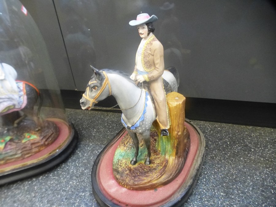 A pair of early 20th century bisque figures of Spanish rider on horse and lady on donkey, under anti - Image 5 of 10