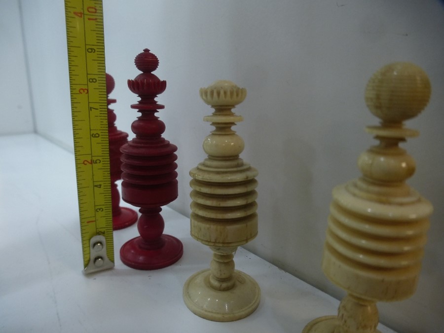 19th Century ivory chess set, some damaged and a replacement red queen - Image 2 of 2