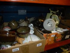 Two cartons of mixed china and sundry items to incl. Studio pottery, vintage scales etc