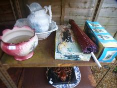 Ceramic jug and basin, ceramic plant pots etc, cast iron camping barbeque