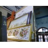 Four old floral tiles in gilt frame and sundry pictures