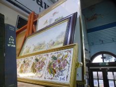 Four old floral tiles in gilt frame and sundry pictures