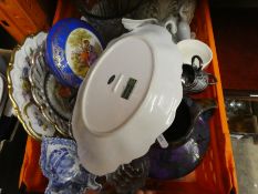 A tray of china and glassware to include Spode, Limoges