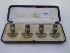 A Set of 4 interesting silver owl name holders, a very nice lot, Hallmarked London 1919-23 Sampson M