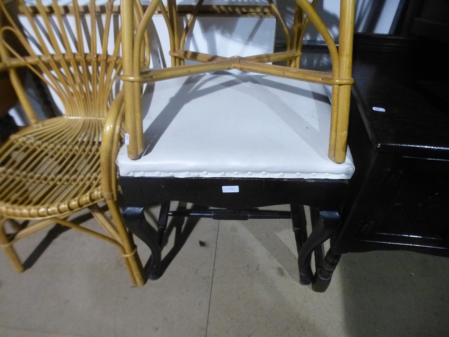 A reproduction oak telephone seat, a similar tea trolley, a stool