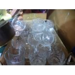 Two trays of old lamps, glassware, wall lights, clock etc