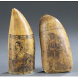 2 Scrimshaw whale teeth, 19th century.