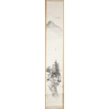 Chinese scroll painting of pagoda and mountains.