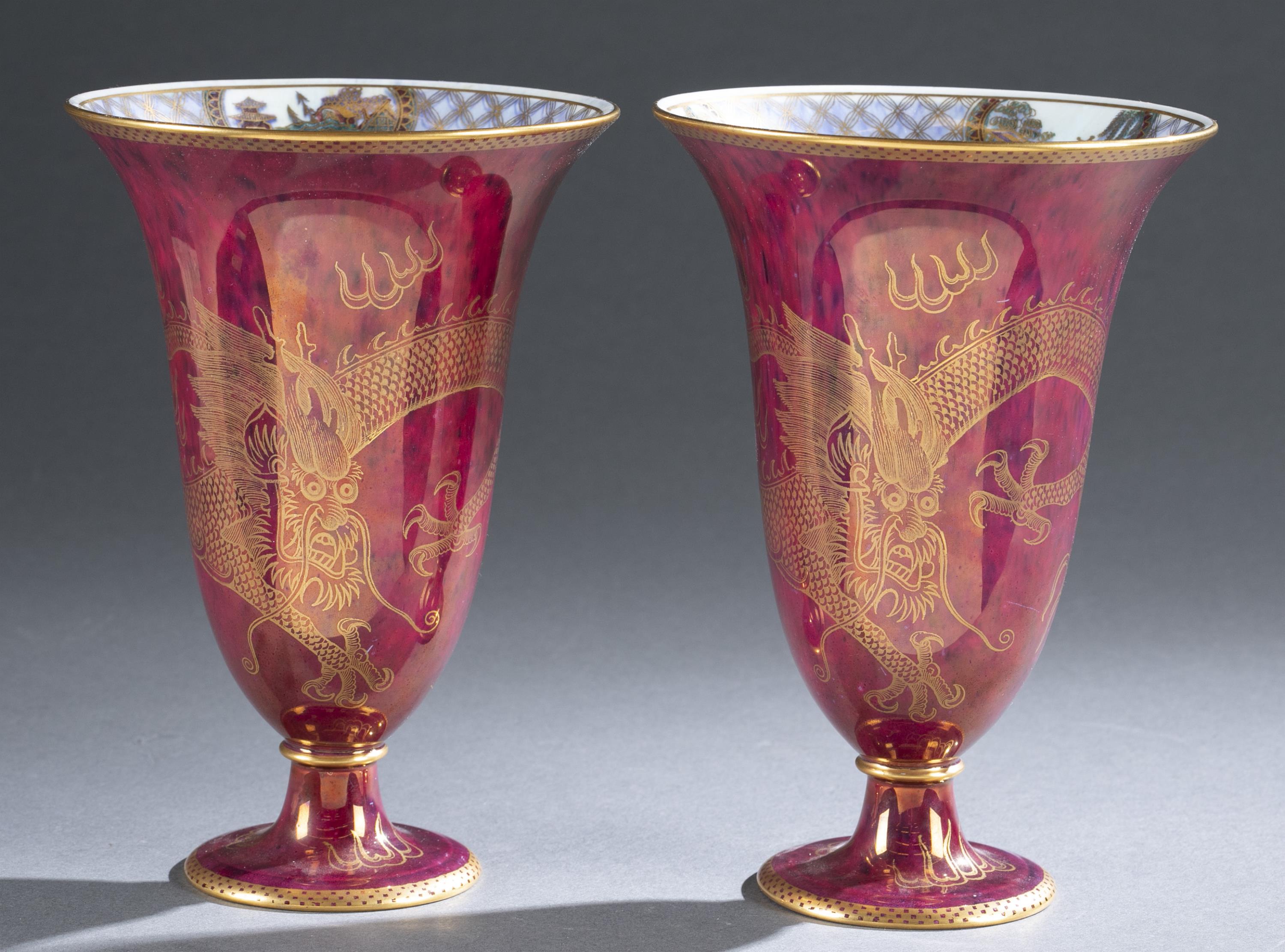 Pair of Wedgwood lustre, Dragon trumpet vase.