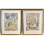 2 Watercolors of church interiors, 20th c.