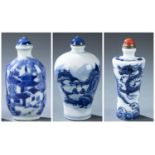 3 Blue and white porcelain snuff bottles, 19th c.