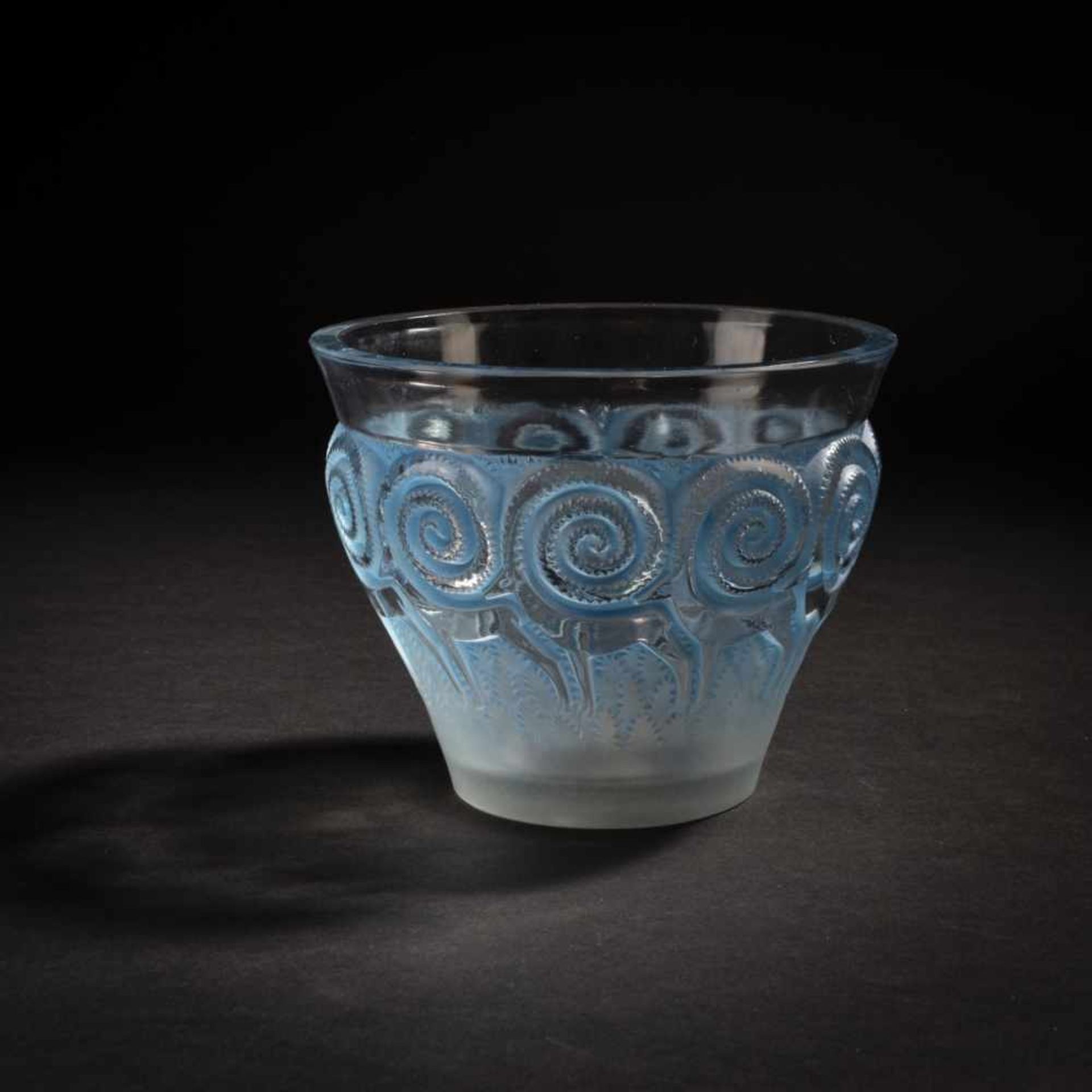 René Lalique, 'Rennes' vase, 1933'Rennes' vase, 1933H. 12.5 cm. Clear, moulded glass, blue patina,
