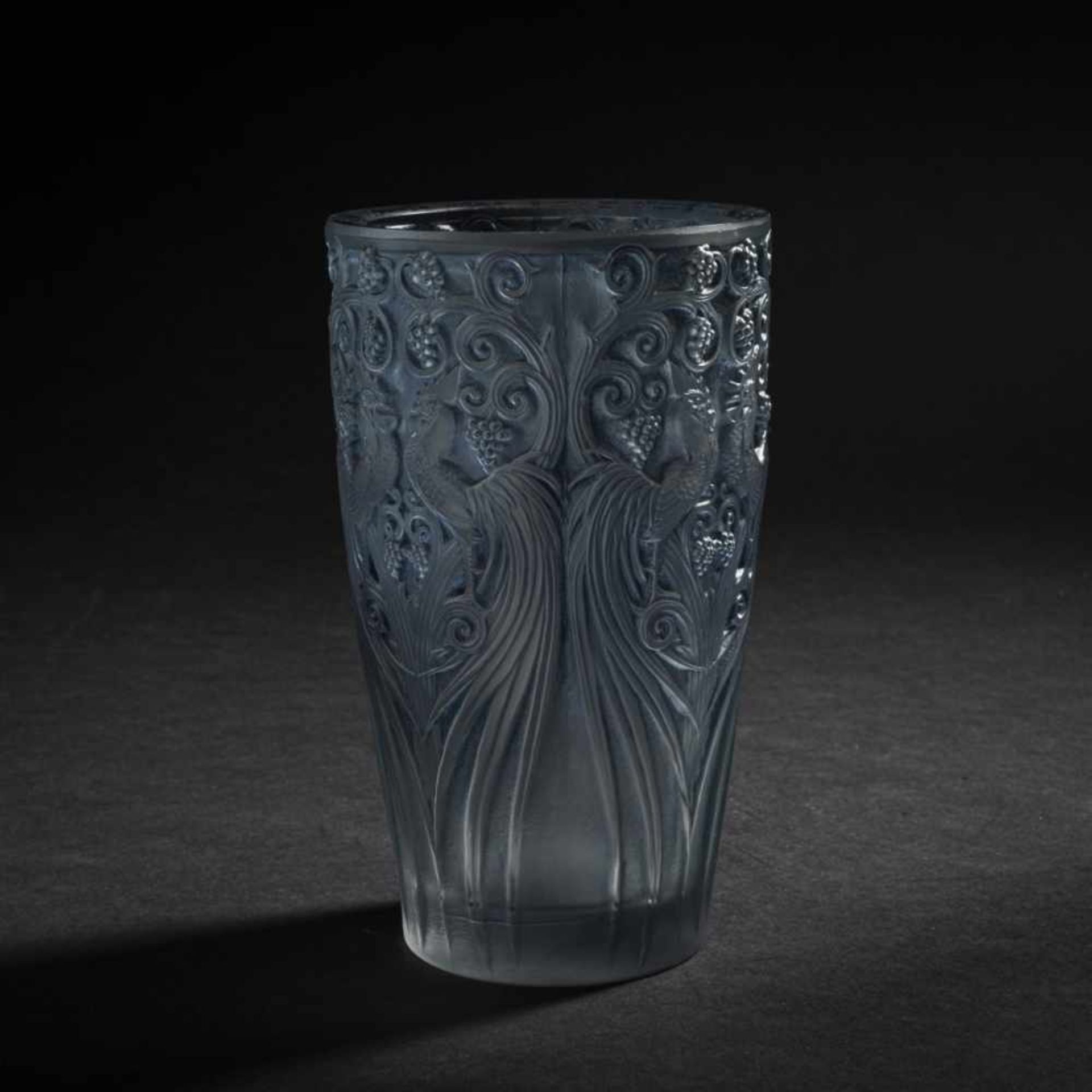 René Lalique, 'Coqs et Raisins' vase, 1928'Coqs et Raisins' vase, 1928H. 15.5 cm. Clear, moulded