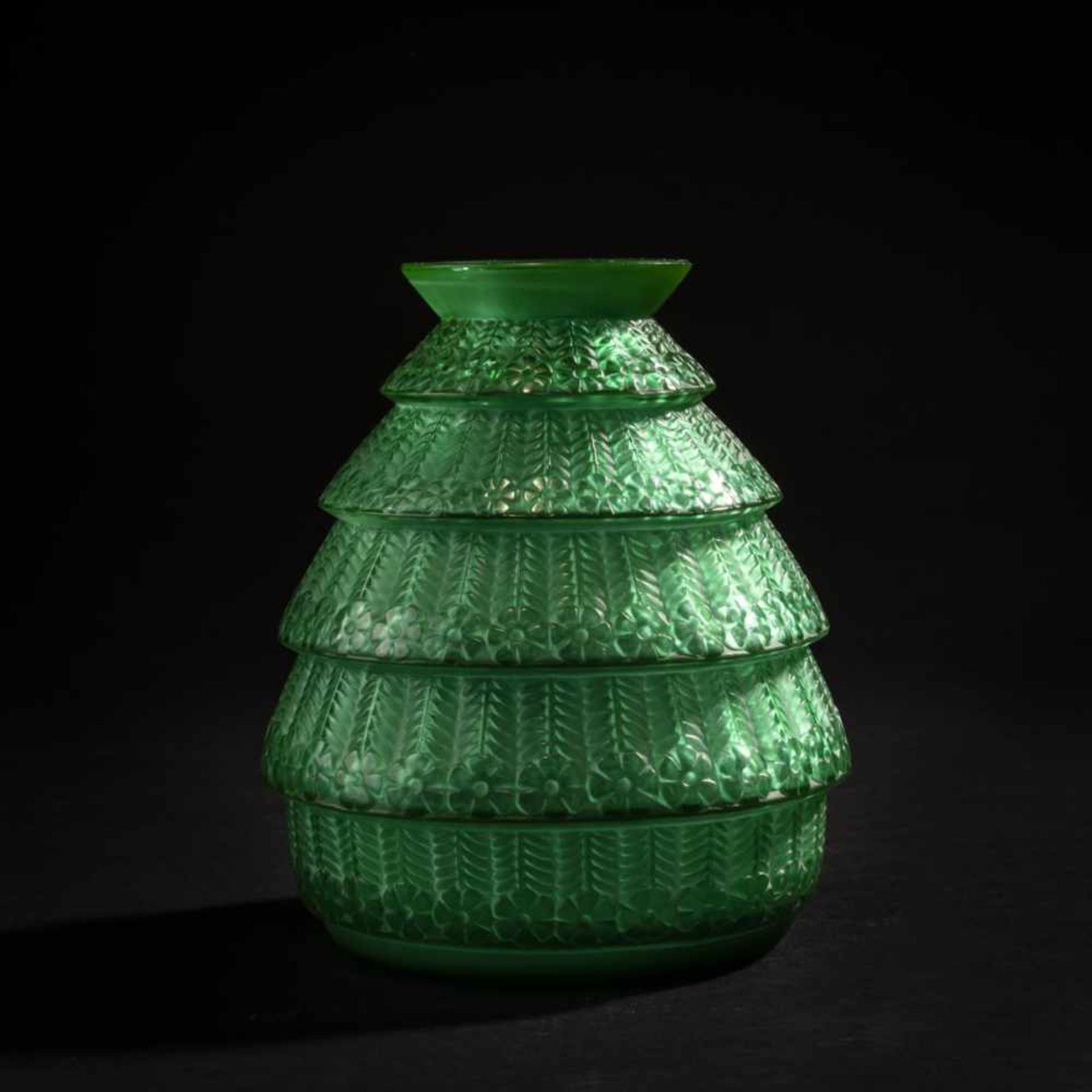 René Lalique, Vase 'Ferrières', 1929Vase 'Ferrières', 1929H. 17 cm. Green, mould-blown glass,