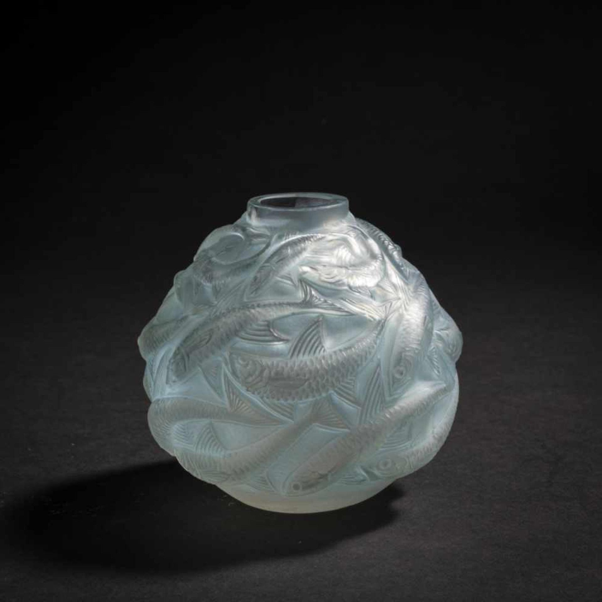René Lalique, 'Oléron' vase, 1927'Oléron' vase, 1927H. 9 cm. Clear, mould-blown glass, satined, blue